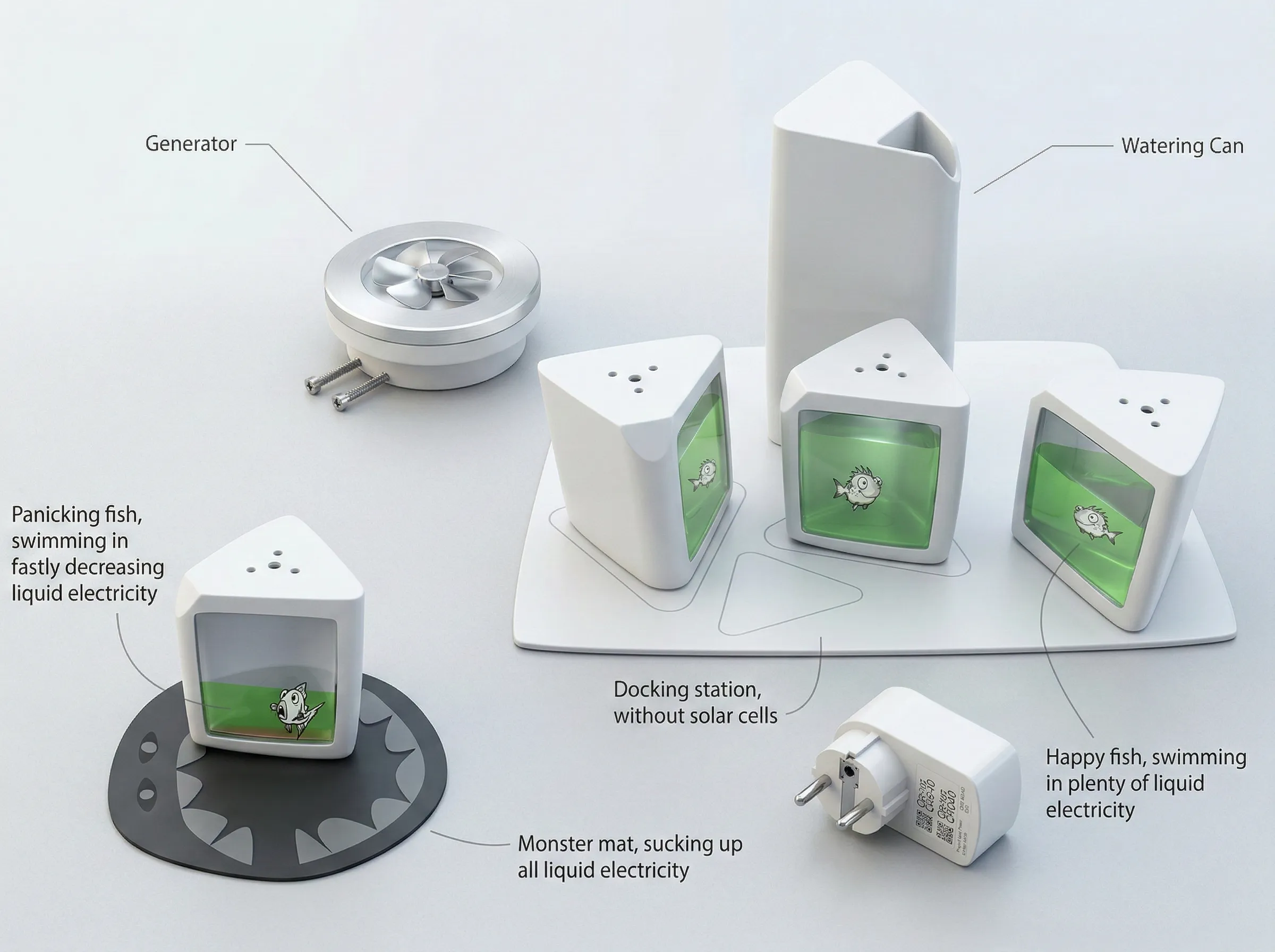Rendering of the concept, including a docking station with three containers of liquid energy and fish, and a monster mat that sucks up all the liquid electricity
