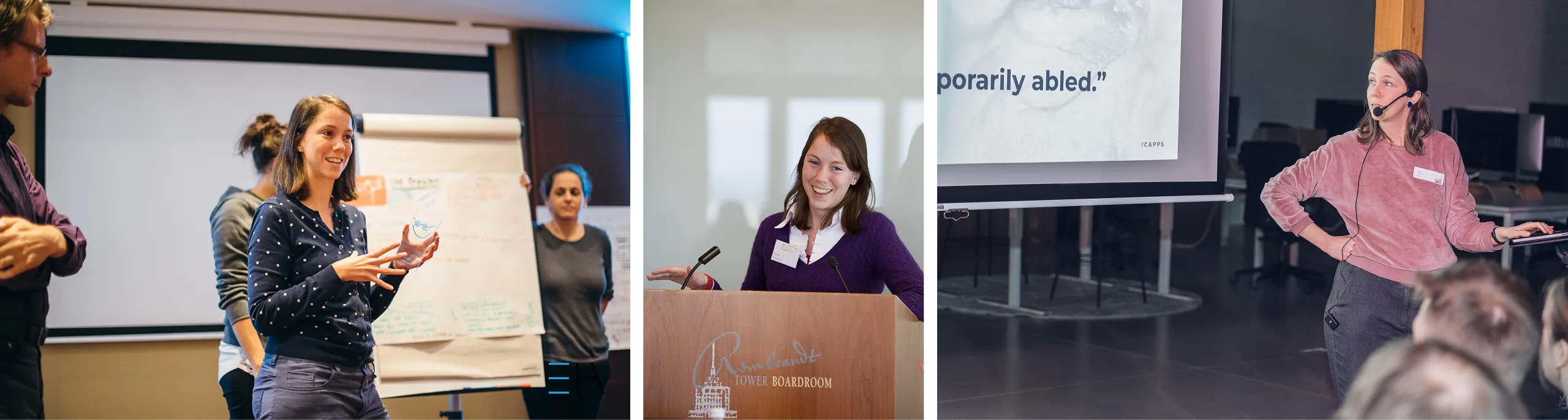 Composite image of three occasions where Tine is speaking in front of an audience