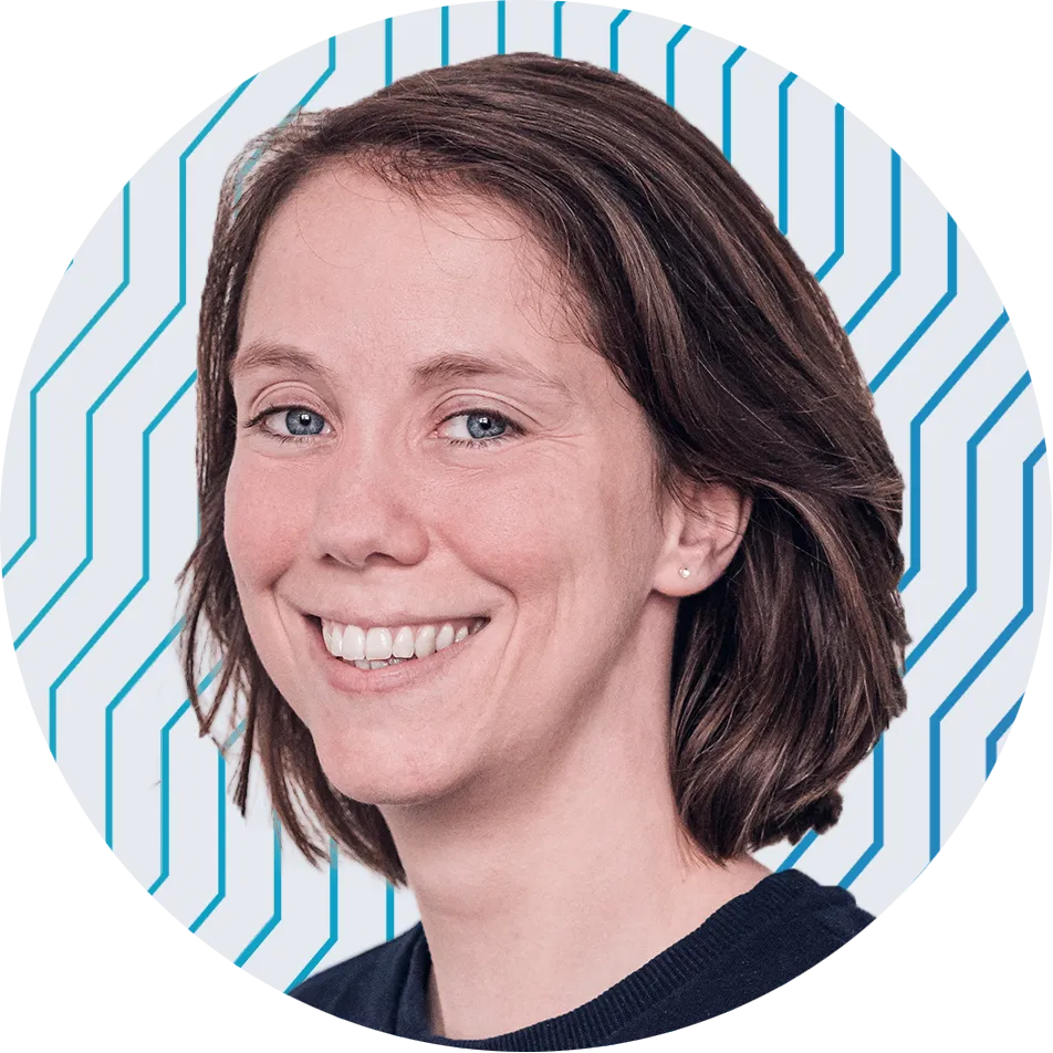 Tine's headshot, smiling brightly against a wavy blue backdrop